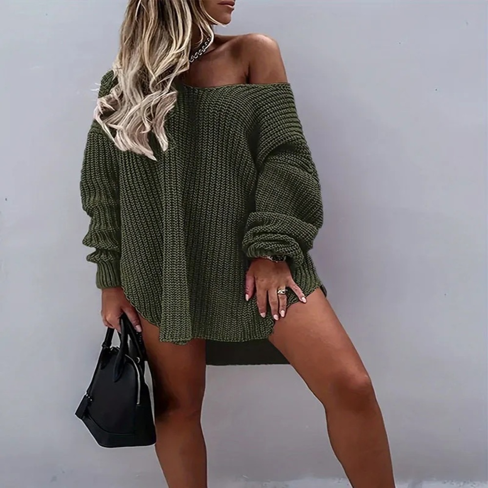 Olive Green Off-Shoulder Sweater